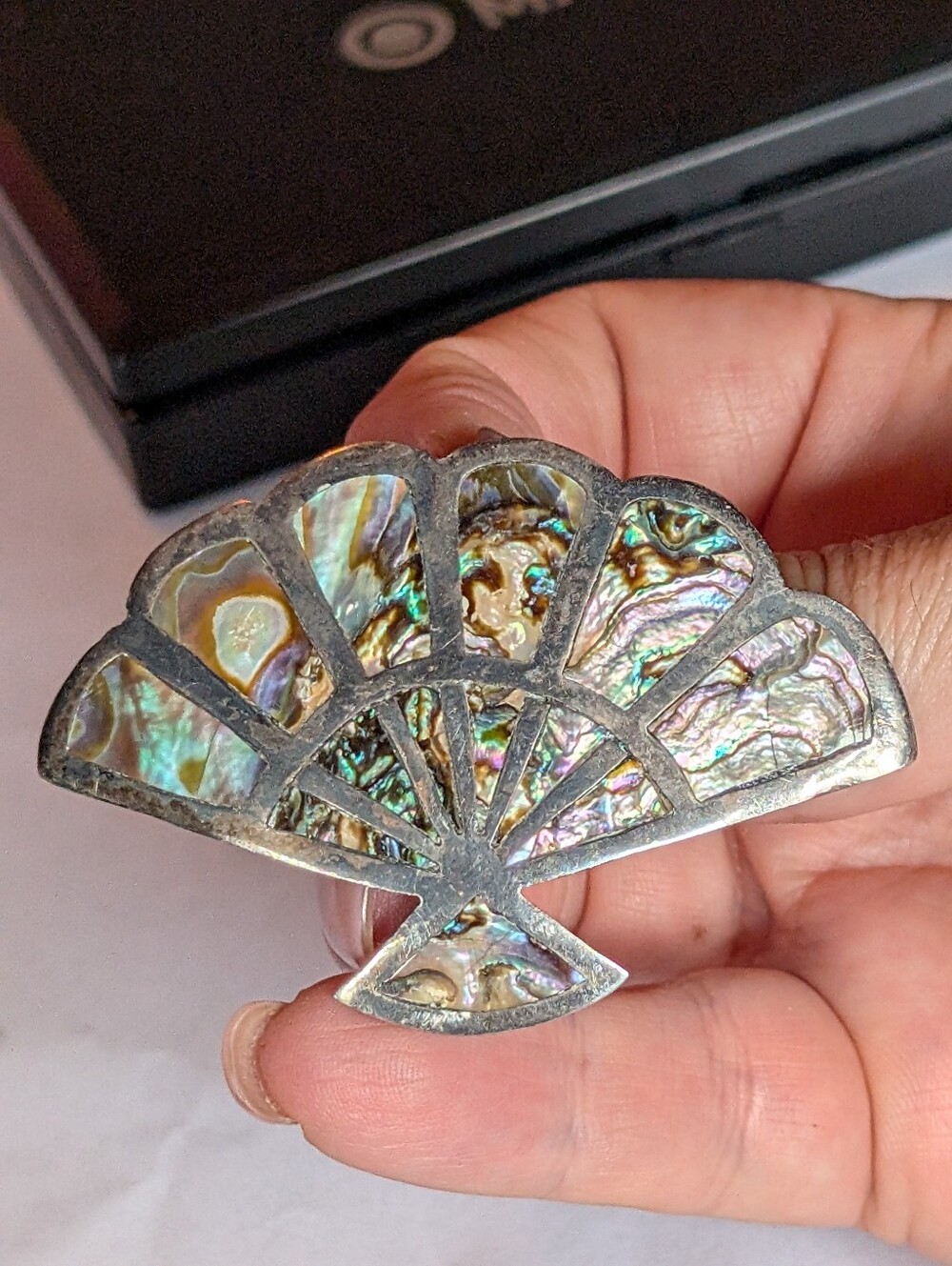 Vintage Taxco Sterling Silver Abalone Fan Brooch Pendant - Mexican Jewelry